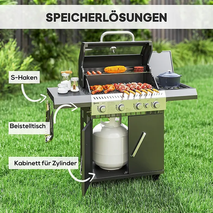 Outsunny Gasgrill - 12 kW, Anzahl Brenner: 5 Stk. - Schwarzer Gasgrill mit offenem Deckel, S-Haken, Beistelltisch und Unterschrank für Gasflasche, bereit zum Grillen im Freien.