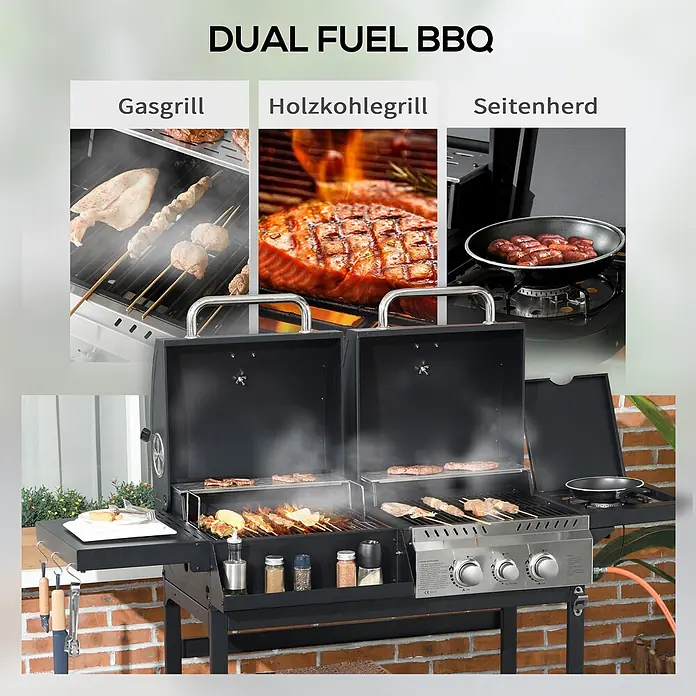 Outsunny Gasgrill - 3 kW, Anzahl Brenner: 3 Stk. - Schwarzer Dual-Brennstoff-BBQ mit Edelstahlbedienung, Gasgrill, Holzkohlegrill und Seitenbrenner.