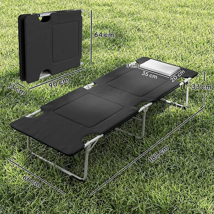 Outsunny Campingliege - Schwarz, Silber, B x T: 66 x 183 cm, Stahl, Klappbar - Schwarze klappbare Campingliege, gefaltet und ausgeklappt mit Maßen gezeigt.