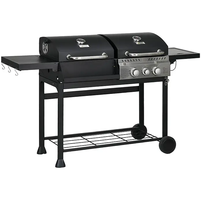 Outsunny Gasgrill - 3 kW, Anzahl Brenner: 3 Stk. - Schwarzer Dual-Brennstoff-Grill mit zwei Deckeln, Gasreglern, Seitenablagen und Rädern.