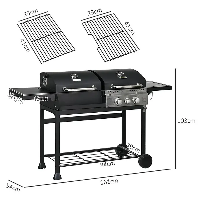Outsunny Gasgrill - 3 kW, Anzahl Brenner: 3 Stk. - Schwarzer Doppelkammer-Grill mit zwei Grillrosten, Seitenablagen, Unterregal und Rollen, mit detaillierten Maßen dargestellt.