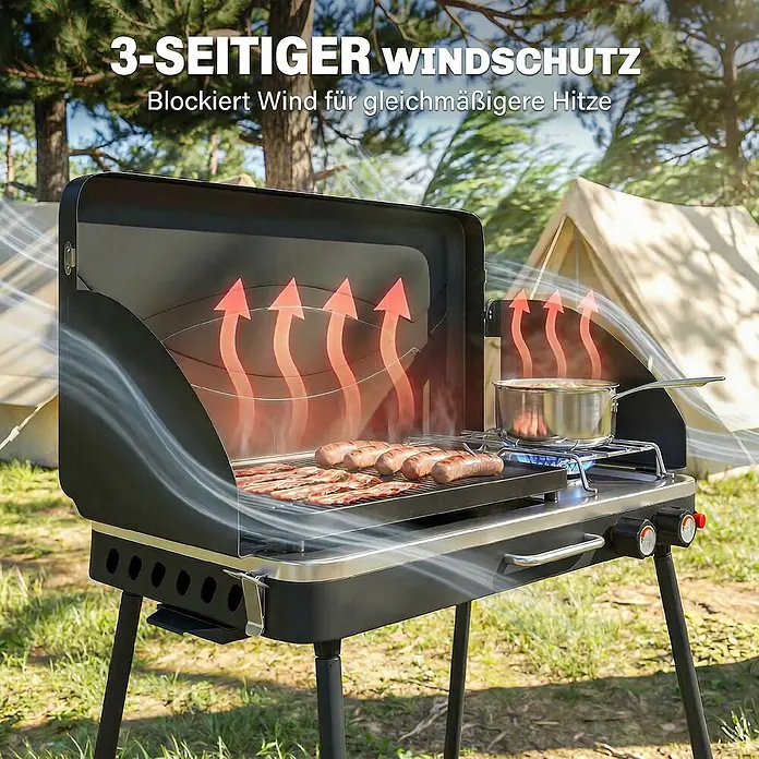 Outsunny Gasgrill - 7 kW, Anzahl Brenner: 2 Stk. - Schwarzer Campingkocher mit 3-seitigem Windschutz, brät Würstchen und Speck im Freien mit Hitze- und Windeffekten.
