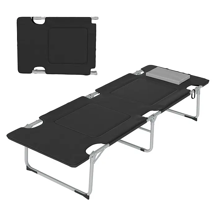 Outsunny Campingliege - Schwarz, Silber, B x T: 66 x 183 cm, Stahl, Klappbar - Schwarzes klappbares Feldbett mit silbernem Gestell und kleinem grauen Kopfkissen, zusammen- und auseinandergeklappt gezeigt.