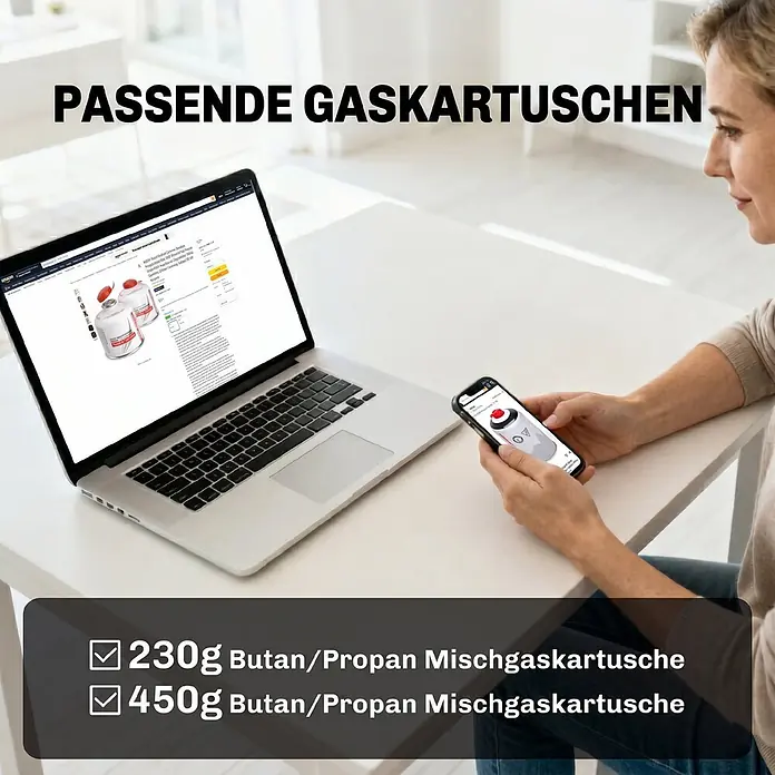 Outsunny Gasgrill - 7 kW, Anzahl Brenner: 2 Stk. - Person recherchiert passende 230g und 450g Butan/Propan Mischgaskartuschen auf Laptop und Handy.