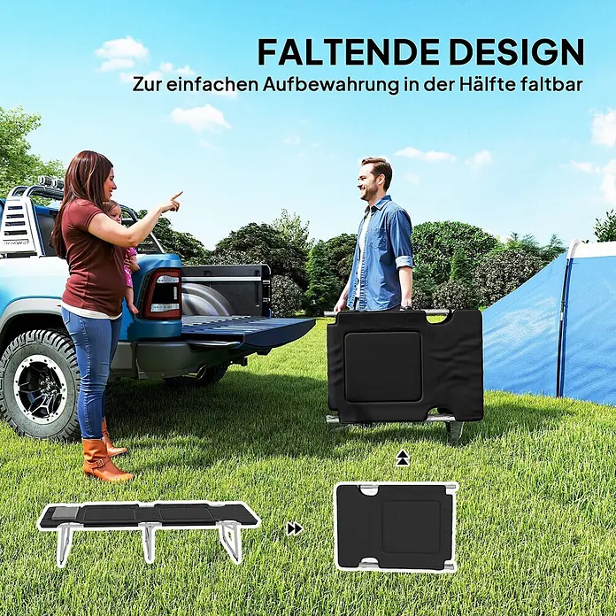 Outsunny Campingliege - Schwarz, Silber, B x T: 66 x 183 cm, Stahl, Klappbar - Ein schwarzer faltbarer Campingtisch, der im Freien seine kompakte Lagerform und den aufgebauten Zustand zeigt.