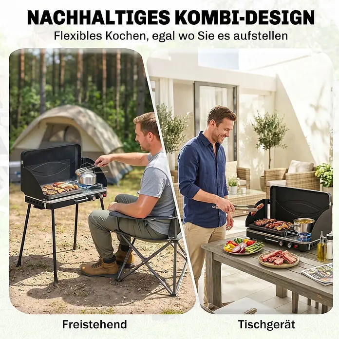 Outsunny Gasgrill - 7 kW, Anzahl Brenner: 2 Stk. - Tragbarer schwarzer Grill/Kocher, freistehend beim Camping und als Tischgerät auf der Terrasse verwendet, um Speisen zuzubereiten.