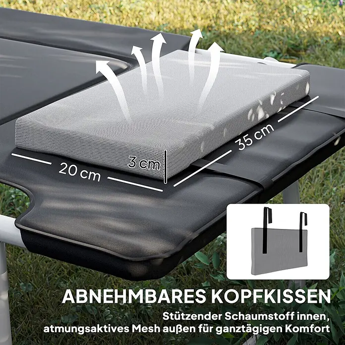 Outsunny Campingliege - Schwarz, Silber, B x T: 66 x 183 cm, Stahl, Klappbar - Abnehmbares Kopfkissen mit stützendem Schaumstoff und atmungsaktivem Mesh auf einer Outdoor-Liege.