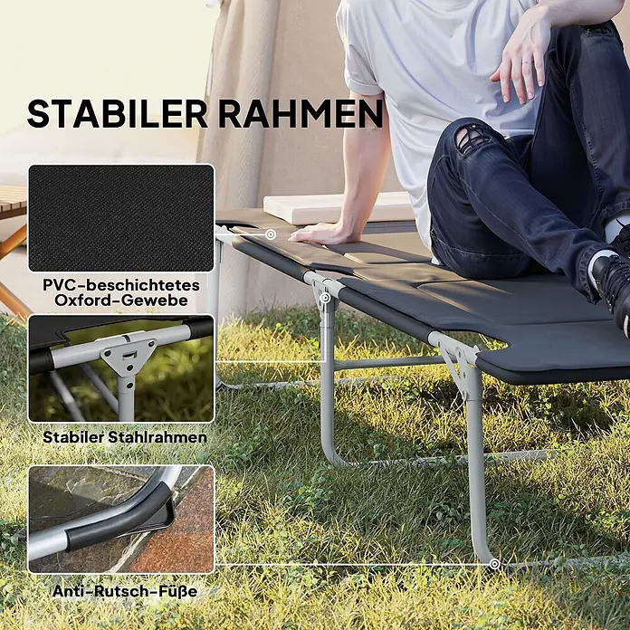 Outsunny Campingliege - Schwarz, Silber, B x T: 66 x 183 cm, Stahl, Klappbar - Schwarze Campingliege mit stabilem grauem Stahlrahmen und Anti-Rutsch-Füßen, draußen auf Gras.