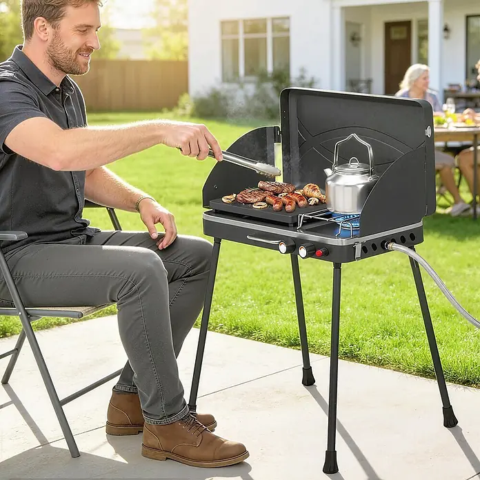 Outsunny Gasgrill - 7 kW, Anzahl Brenner: 2 Stk. - Ein Mann nutzt einen schwarzen tragbaren Outdoor-Kocher mit Grillplatte und Kesselbrenner zum Kochen von Speisen und Wasser.