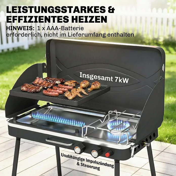 Outsunny Gasgrill - 7 kW, Anzahl Brenner: 2 Stk. - Schwarzer tragbarer Gasgrill mit zwei Brennern, Grillplatte und Topfständer, Fleisch wird auf dem Warmhalterost im Freien gegrillt. 7kW Gesamtleistung, unabhängige Zündung.