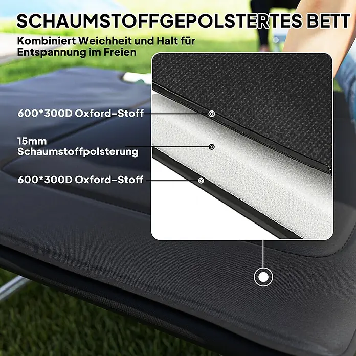 Outsunny Campingliege - Schwarz, Silber, B x T: 66 x 183 cm, Stahl, Klappbar - Schnittbild eines schaumstoffgepolsterten Feldbetts, zeigt Schichten aus 600*300D Oxford-Gewebe und 15mm Schaumstoffpolsterung für Komfort.