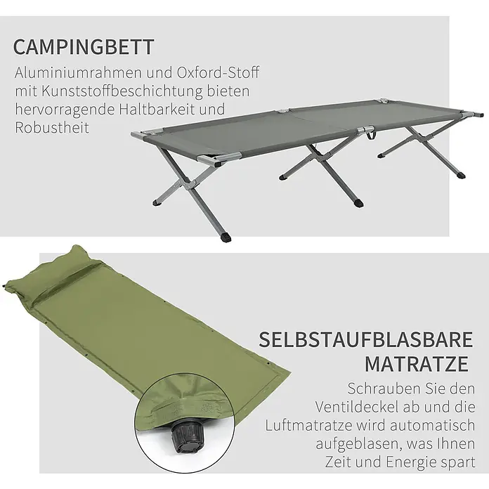 Outsunny Campingliege - Grau, B x T: 86 x 200 cm, Aluminium - Graues Feldbett aus Aluminium und Oxford-Stoff, dazu eine grüne selbstaufblasende Isomatte.