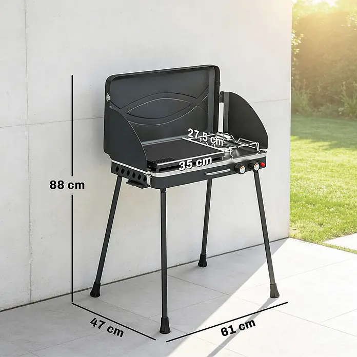 Outsunny Gasgrill - 7 kW, Anzahl Brenner: 2 Stk. - Dunkelgrauer tragbarer Gasgrill mit offenem Deckel, Grillplatte und Brenner, auf Beinen auf einer Terrasse, Maße 88x61x47 cm.