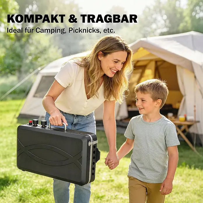 Outsunny Gasgrill - 7 kW, Anzahl Brenner: 2 Stk. - Schwarzer tragbarer Outdoor-Kochkoffer mit Drehknöpfen, von Frau beim Camping getragen.