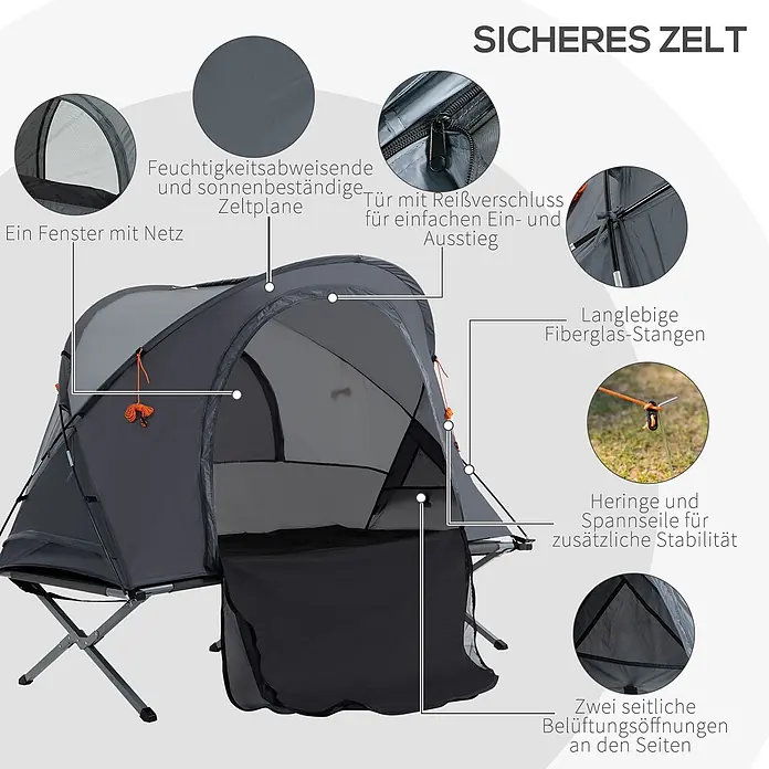 Outsunny Campingliege - Grau, B x T: 86 x 200 cm, Aluminium - Grau, erhöhtes Campingzelt (Zeltliege) mit Netzfenster, Reißverschlusstür, robustem Stoff und Fiberglasstangen für Stabilität.
