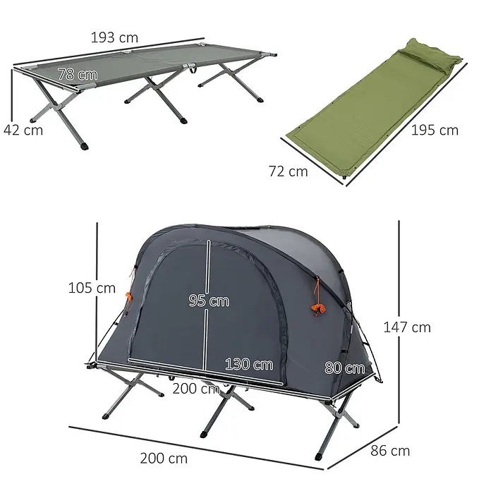 Outsunny Campingliege - Grau, B x T: 86 x 200 cm, Aluminium - Dunkelgraues Zeltbett, graues Feldbett und olivgrüne Isomatte mit Maßen dargestellt.