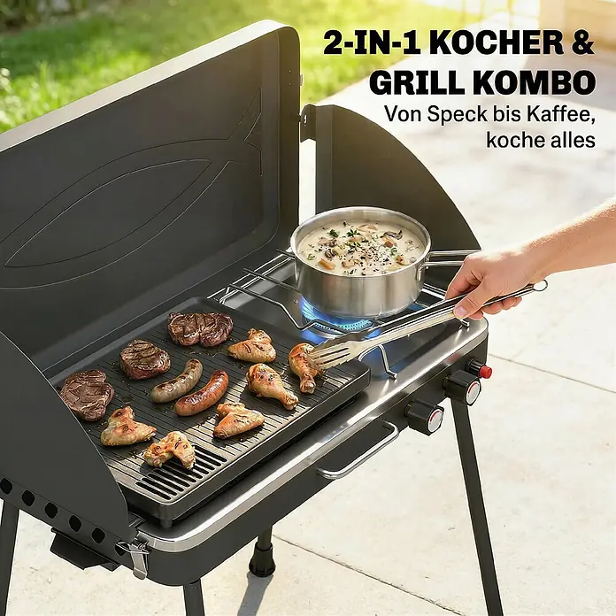 Outsunny Gasgrill - 7 kW, Anzahl Brenner: 2 Stk. - Ein schwarzer und silberner 2-in-1 tragbarer Grill- und Kocher-Kombination, der draußen Fleisch und Suppe kocht.