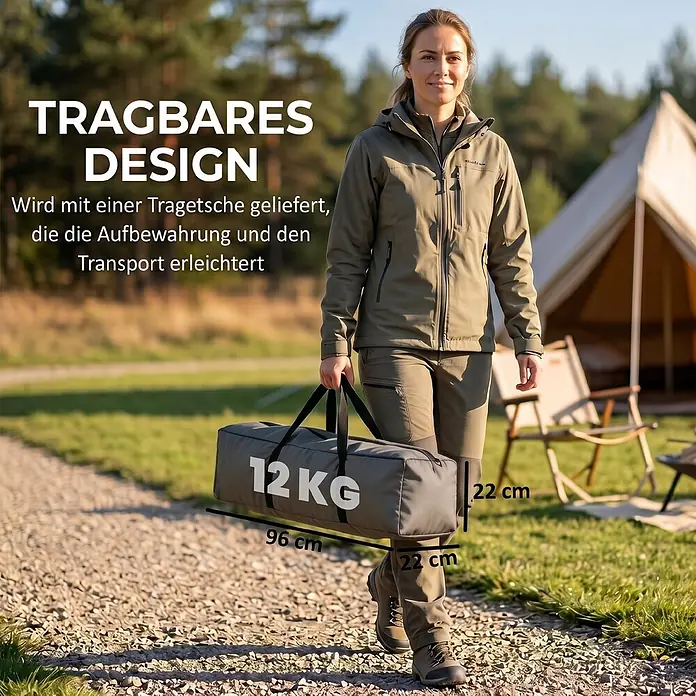 Outsunny Campingliege - Grau, B x T: 86 x 200 cm, Aluminium - Eine Person trägt eine graue 12 KG Tragetasche (96x22x22 cm) auf einem Schotterweg auf einem Campingplatz.