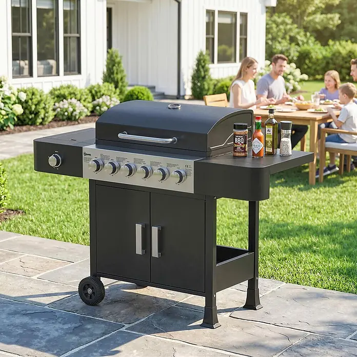 Outsunny Gasgrill - 17,8 kW, Anzahl Brenner: 7 Stk. - Schwarzer Gasgrill mit silbernen Bedienelementen und Griffen im Garten. Eine Familie genießt im Hintergrund eine Mahlzeit.
