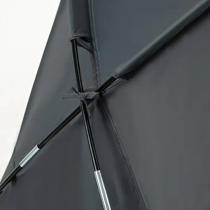 Outsunny Campingliege - Grau, B x T: 86 x 200 cm, Aluminium - Nahaufnahme von dunkelgrauem Zeltstoff mit schwarzen Stangen und silbernen Verbindern, mit Stoffband gesichert.