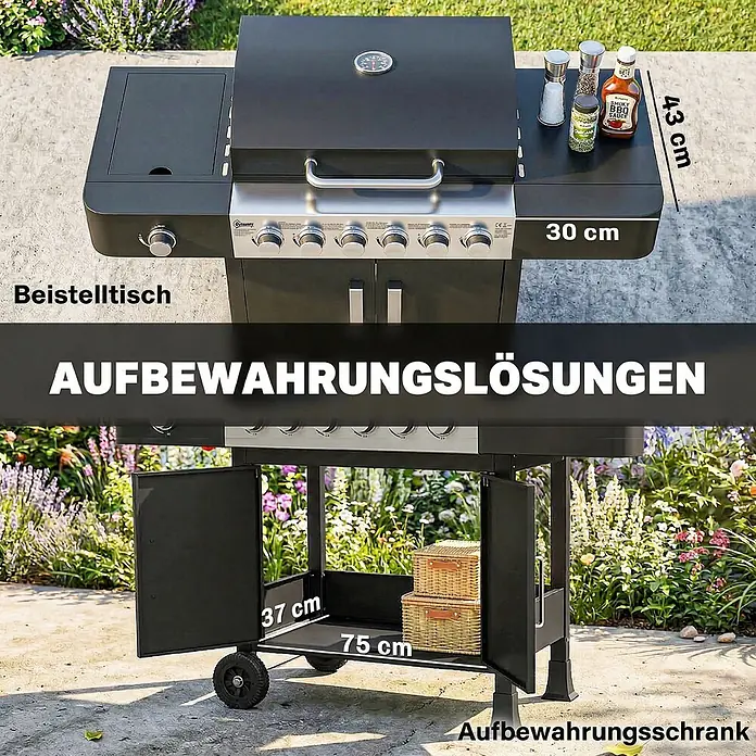 Outsunny Gasgrill - 17,8 kW, Anzahl Brenner: 7 Stk. - Schwarzer Gasgrill mit Beistelltischen und integriertem Aufbewahrungsschrank, mit Maßen dargestellt.