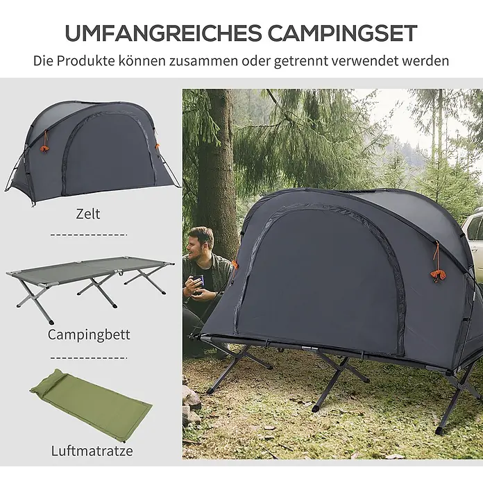 Outsunny Campingliege - Grau, B x T: 86 x 200 cm, Aluminium - Dunkelgraues Campingzelt, Bett und grüne Luftmatratze, einzeln und kombiniert im Wald gezeigt. Ein Mann sitzt am aufgebauten Set.