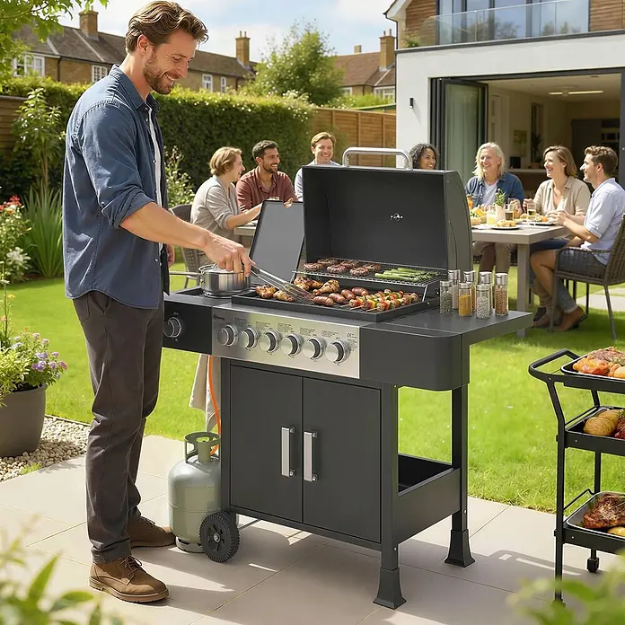 Outsunny Gasgrill - 17,8 kW, Anzahl Brenner: 7 Stk. - Dunkelgrauer Gasgrill mit Edelstahldetails, der in einer lebhaften Gartenumgebung verschiedene Lebensmittel grillt.
