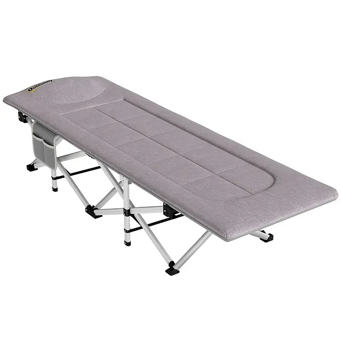 Outsunny Campingliege - Grau, B x T: 65 x 185 cm, Stahl, Klappbar - Graues gepolstertes Klapp-Campingbett mit silbernem Rahmen und Seitenfachtasche.