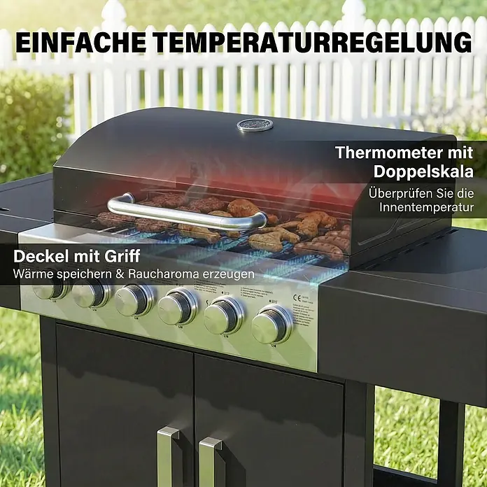 Outsunny Gasgrill - 17,8 kW, Anzahl Brenner: 7 Stk. - Schwarzer Gasgrill mit Deckel, Thermometer und Bedienknöpfen, der Essen im Garten zubereitet.