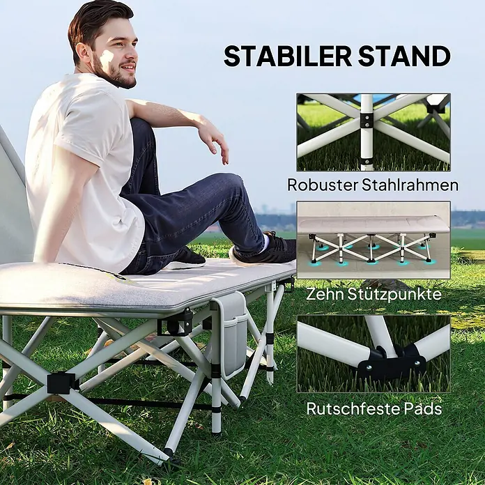 Outsunny Campingliege - Grau, B x T: 65 x 185 cm, Stahl, Klappbar - Mann sitzt auf grauem, klappbaren Feldbett mit robustem Stahlrahmen, zehn Stützpunkten und rutschfesten Pads für Stabilität.