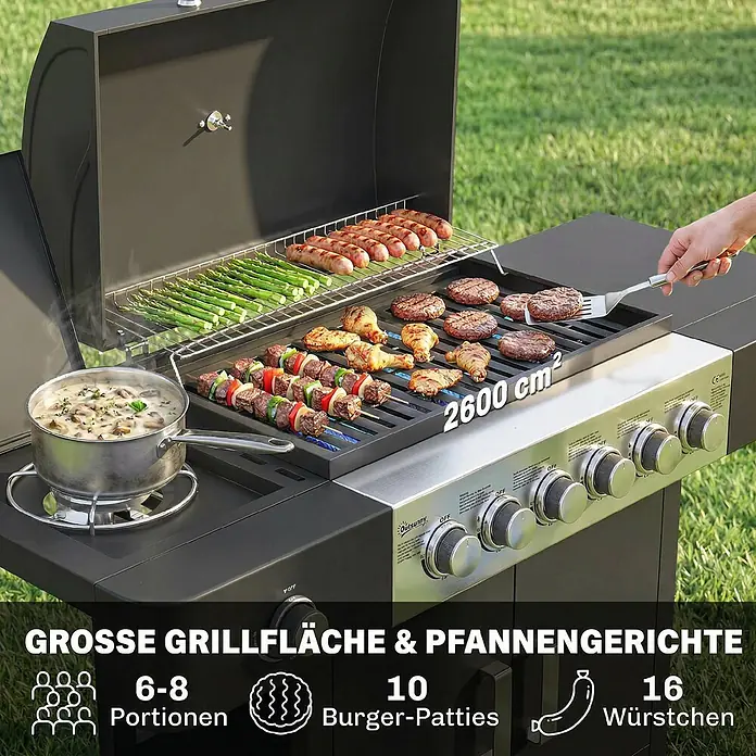 Outsunny Gasgrill - 17,8 kW, Anzahl Brenner: 7 Stk. - Schwarzer Gasgrill bereitet Fleisch, Gemüse und einen Eintopf zu. Mit großer Grillfläche und Seitenbrenner für vielseitiges Kochen.