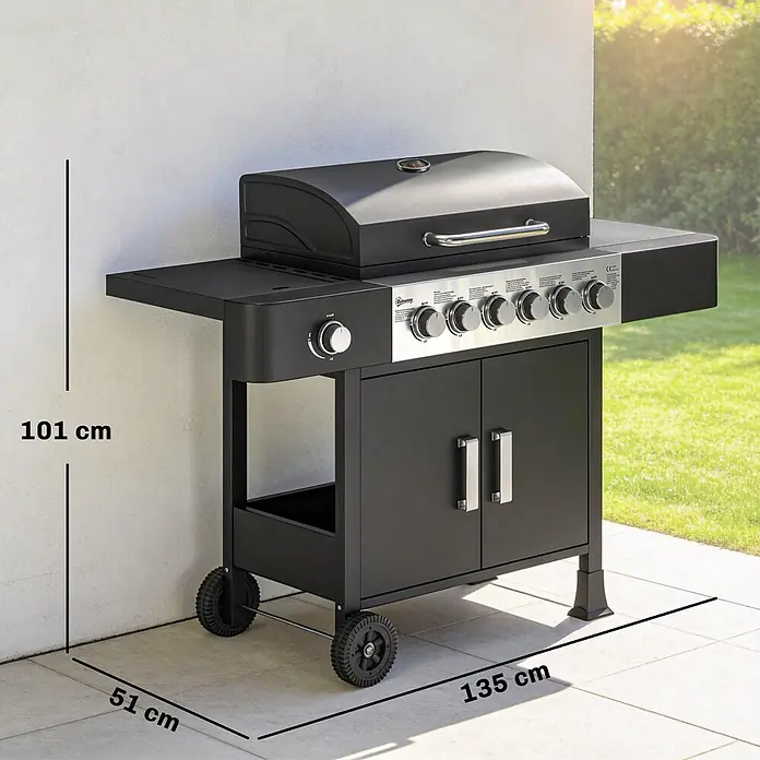 Outsunny Gasgrill - 17,8 kW, Anzahl Brenner: 7 Stk. - Schwarzer Gasgrill mit Deckel, Reglern, Rädern und Unterschrank. Maße: H101cm, T51cm, L135cm.