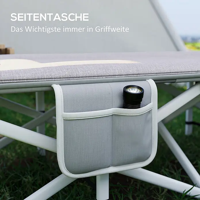 Outsunny Campingliege - Grau, B x T: 65 x 185 cm, Stahl, Klappbar - Graue Stoff-Seitentasche an einem Feldbett, mit einer Taschenlampe für griffbereite Utensilien.