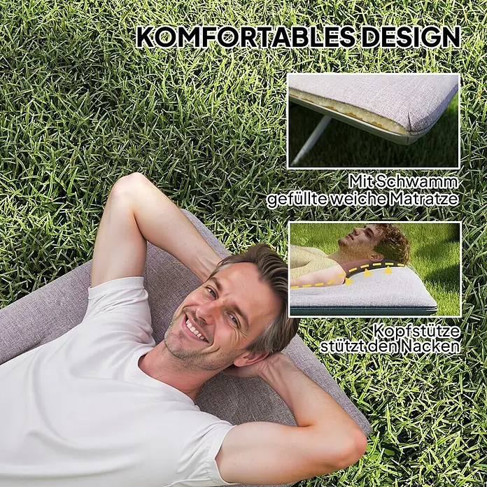 Outsunny Campingliege - Grau, B x T: 65 x 185 cm, Stahl, Klappbar - Graue Relaxliege mit weicher Schwamm-Matratze und nackenstützender Kopfstütze, von einer Person entspannt genutzt.