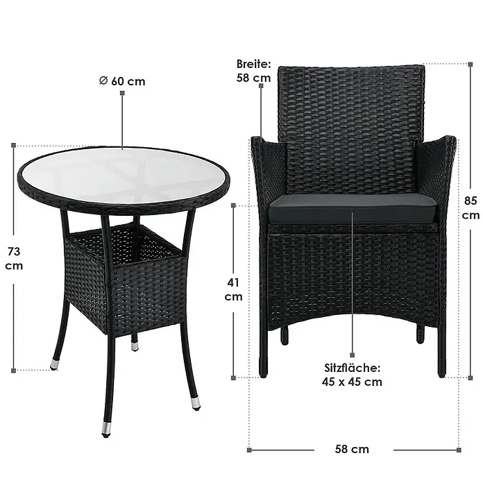 Juskys Gartentisch-Set Bayamo - Gesamtumfang: 3 -tlg., L x B x H: 58 x 58 x 85 cm, Auflagen: Stoffbezug (100 % Polyester) & Schaumstoff - Schwarzes Rattan-Look Bistro-Set für den Balkon mit Rundtisch und Stuhl, inklusive dunklem Kissen.