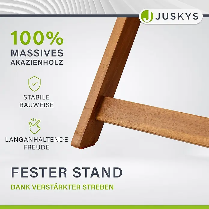 Juskys Gartentisch-Set Bala - Gesamtumfang: 3 -tlg., L x B x H: 52 x 40 x 83 cm, Akazienholz (geölt), Klappbar - Massiver Akazienholz-Möbelfuß mit stabiler Bauweise und verstärkten Streben für festen Stand.