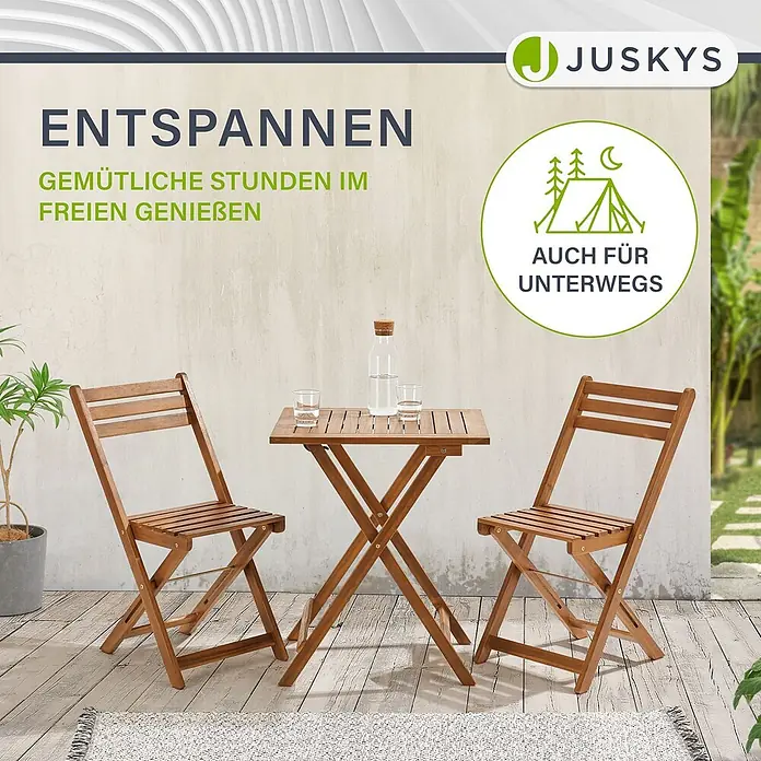 Juskys Gartentisch-Set Bala - Gesamtumfang: 3 -tlg., L x B x H: 52 x 40 x 83 cm, Akazienholz (geölt), Klappbar - Klappbarer Holztisch und zwei Stühle für entspannte Stunden im Freien, auch für unterwegs geeignet.