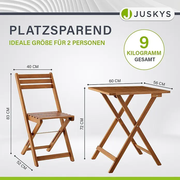 Juskys Gartentisch-Set Bala - Gesamtumfang: 3 -tlg., L x B x H: 52 x 40 x 83 cm, Akazienholz (geölt), Klappbar - Braunes klappbares Tisch- und Stuhlset aus Holz. Platzsparend, ideal für 2 Personen, Gesamtgewicht 9 kg.