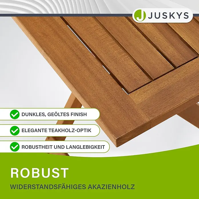 Juskys Gartentisch-Set Bala - Gesamtumfang: 3 -tlg., L x B x H: 52 x 40 x 83 cm, Akazienholz (geölt), Klappbar - Dunkle, geölte Holzoberfläche aus robustem Akazienholz in eleganter Teakholz-Optik.