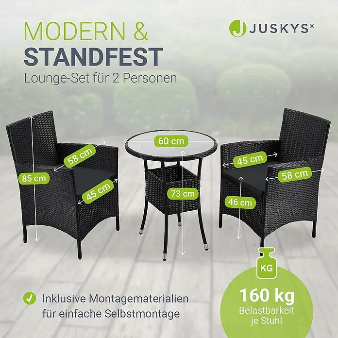 Juskys Gartentisch-Set Bayamo - Gesamtumfang: 3 -tlg., L x B x H: 58 x 58 x 85 cm, Auflagen: Stoffbezug (100 % Polyester) & Schaumstoff - Schwarzes Rattan-Lounge-Set für 2 Personen mit zwei Stühlen (dunkle Kissen) und rundem Glastisch, zeigt Maße und Belastbarkeit.