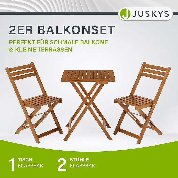 Juskys Gartentisch-Set Bala - Gesamtumfang: 3 -tlg., L x B x H: 52 x 40 x 83 cm, Akazienholz (geölt), Klappbar - Zwei klappbare Holzstühle und ein passender klappbarer Holztisch als Balkonset. Ideal für kleine Balkone und Terrassen.