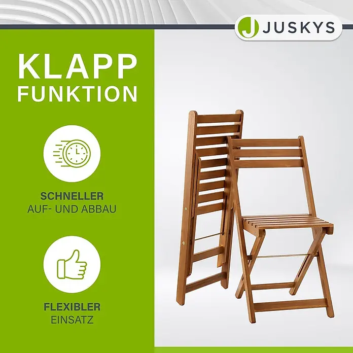 Juskys Gartentisch-Set Bala - Gesamtumfang: 3 -tlg., L x B x H: 52 x 40 x 83 cm, Akazienholz (geölt), Klappbar - Zwei braune Holz-Klappstühle, einer gefaltet und einer teilweise offen, zeigen ihr platzsparendes Design.