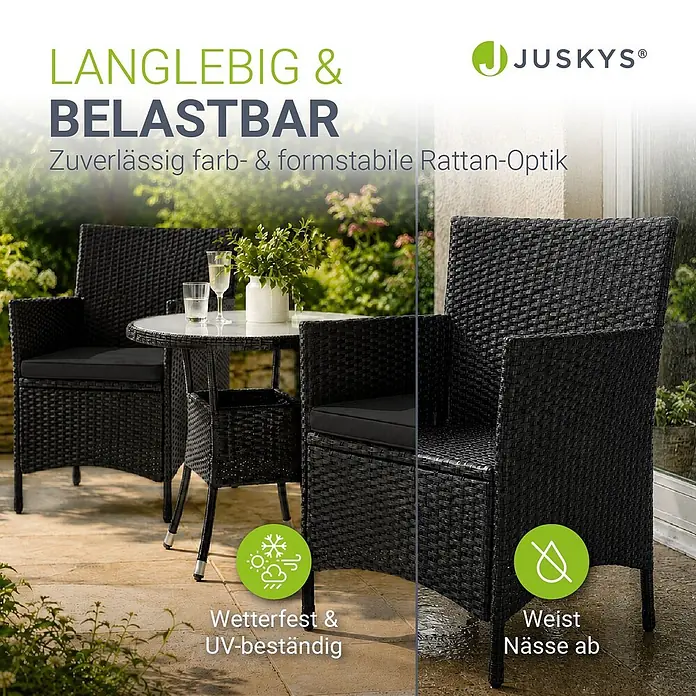 Juskys Gartentisch-Set Bayamo - Gesamtumfang: 3 -tlg., L x B x H: 58 x 58 x 85 cm, Auflagen: Stoffbezug (100 % Polyester) & Schaumstoff - Schwarze Gartenmöbelgarnitur in Rattan-Optik mit zwei Stühlen und einem Tisch, wetterfest.
