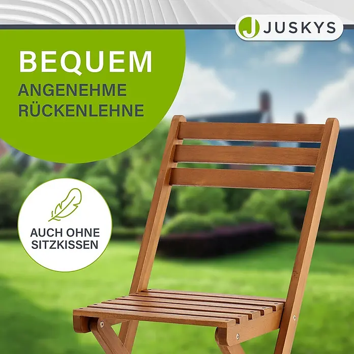 Juskys Gartentisch-Set Bala - Gesamtumfang: 3 -tlg., L x B x H: 52 x 40 x 83 cm, Akazienholz (geölt), Klappbar - Brauner Holz-Klappstuhl für den Garten. Bequeme Rückenlehne, auch ohne Sitzkissen.