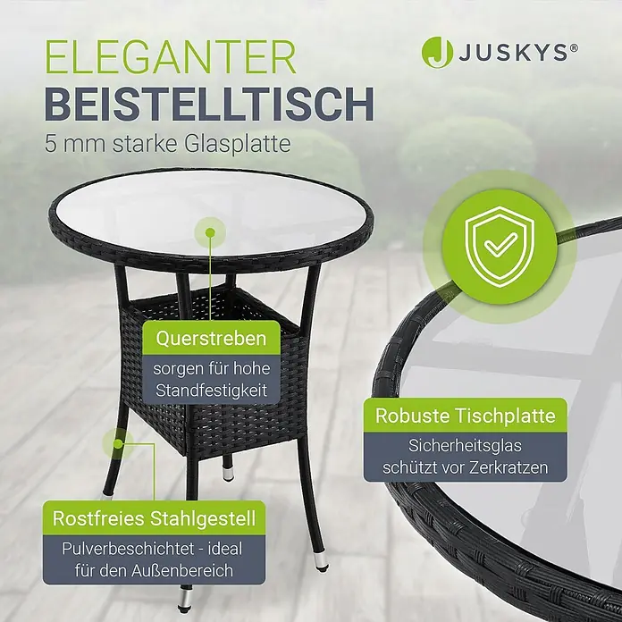 Juskys Gartentisch-Set Bayamo - Gesamtumfang: 3 -tlg., L x B x H: 58 x 58 x 85 cm, Auflagen: Stoffbezug (100 % Polyester) & Schaumstoff - Eleganter Beistelltisch aus schwarzem Rattan-Look mit 5 mm Sicherheitsglasplatte und pulverbeschichtetem Edelstahlgestell für hohe Standfestigkeit.