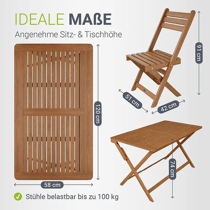 Juskys Gartentisch-Set Rimini - Gesamtumfang: 5 -tlg., L x B x H: 42 x 120 x 91 cm, Akazienholz, Klappbar
