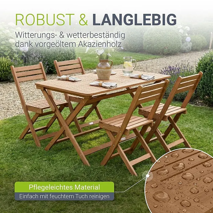 Juskys Gartentisch-Set Rimini - Gesamtumfang: 5 -tlg., L x B x H: 42 x 120 x 91 cm, Akazienholz, Klappbar - Outdoor-Essgruppe aus Akazienholz mit Tisch und vier Klappstühlen im Garten.
