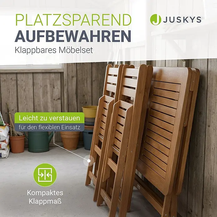Juskys Gartentisch-Set Rimini - Gesamtumfang: 5 -tlg., L x B x H: 42 x 120 x 91 cm, Akazienholz, Klappbar - Klappbares Gartenmöbel-Set aus Holz, platzsparend senkrecht an einer Wand verstaut.