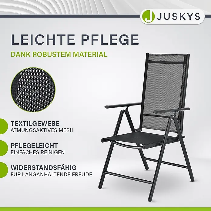 Juskys Gartentisch-Set Milano - L x B x H: 80 x 80 x 74 cm - Schwarzer klappbarer Gartenstuhl aus atmungsaktivem Mesh-Gewebe.