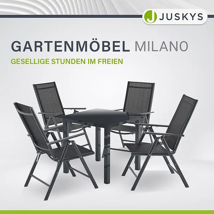Juskys Gartentisch-Set Milano - L x B x H: 80 x 80 x 74 cm - Schwarzes Gartenmöbel-Set mit einem Tisch und vier Klappstühlen.